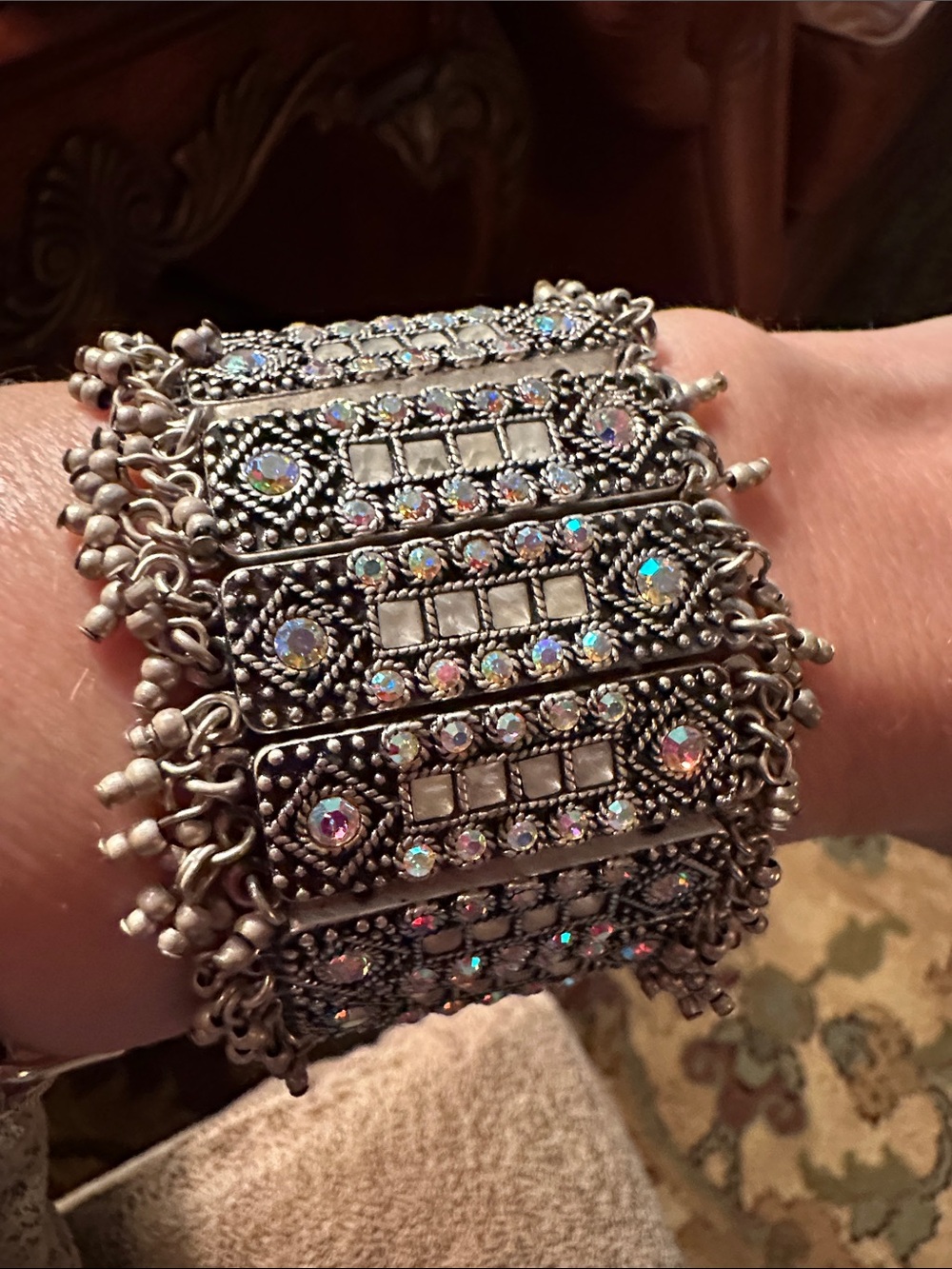 Iridescent Crystal Silver-Tone Filigree Cuff Bracelet